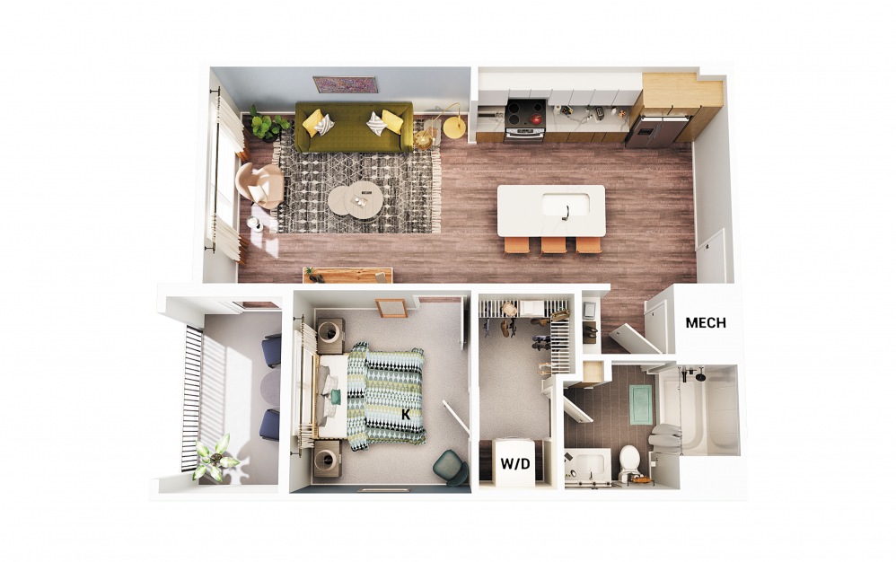 A1 ADA - 1 bedroom floorplan layout with 1 bath and 683 square feet. (Scheme 1)