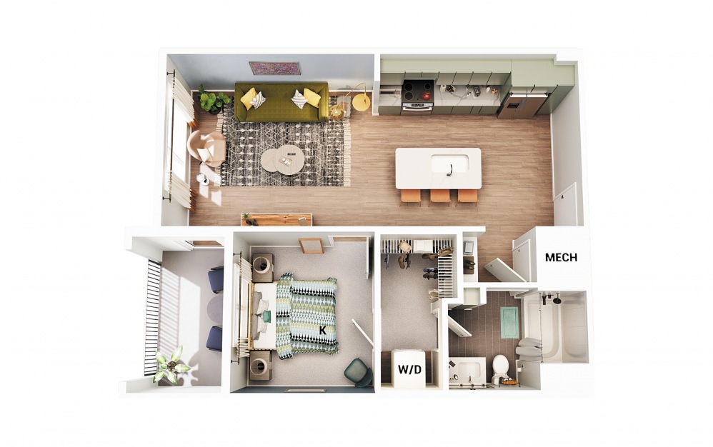 A1 ADA - 1 bedroom floorplan layout with 1 bath and 683 square feet. (Scheme 2)