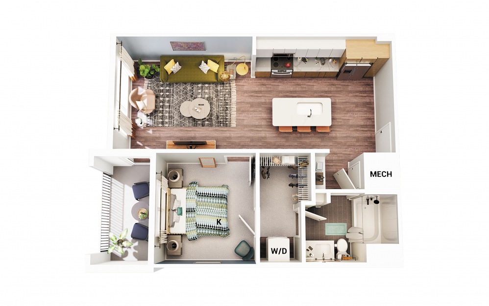 A1 - 1 bedroom floorplan layout with 1 bath and 683 square feet. (Scheme 1)