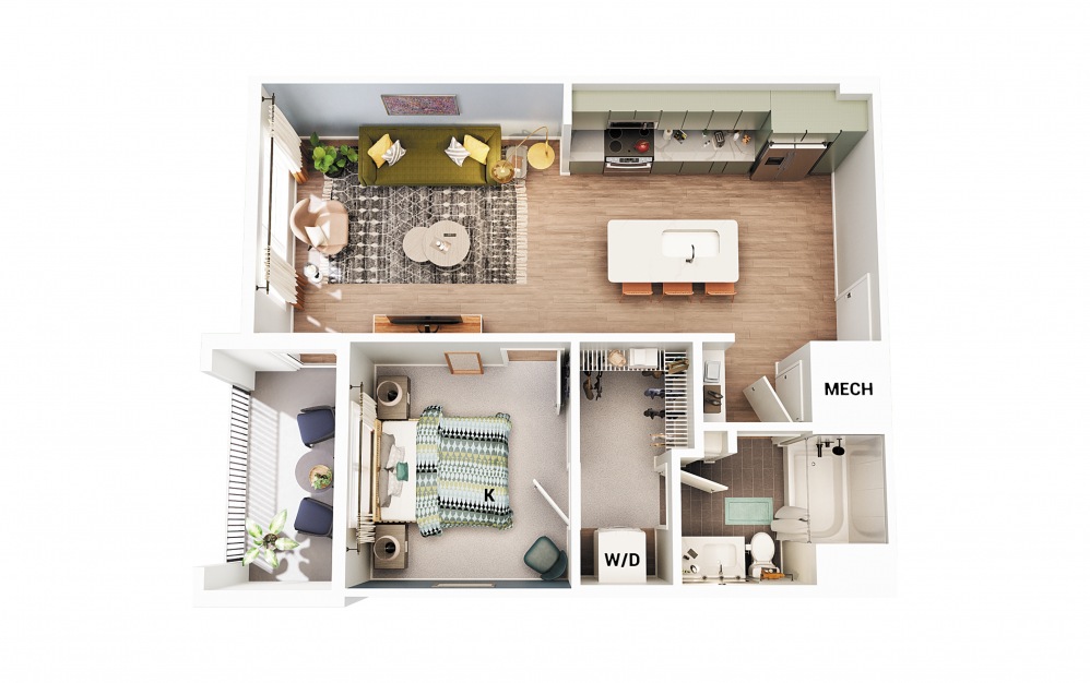 A1 - 1 bedroom floorplan layout with 1 bath and 683 square feet. (Scheme 2)