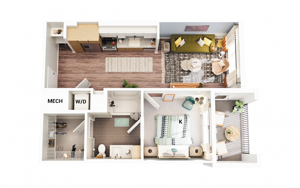A3 - 1 bedroom floorplan layout with 1 bath and 598 square feet. (Scheme 1)