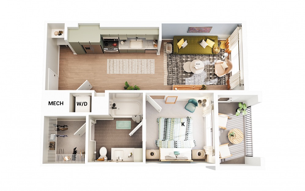 A3 - 1 bedroom floorplan layout with 1 bath and 598 square feet. (Scheme 2)