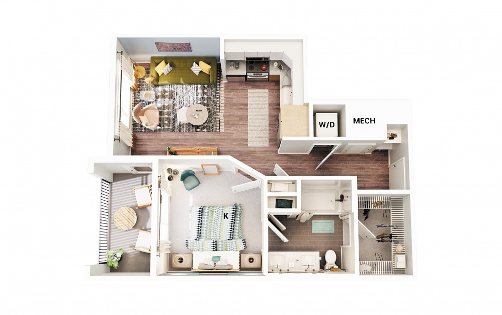 A4 - 1 bedroom floorplan layout with 1 bath and 613 square feet. (Scheme 1)