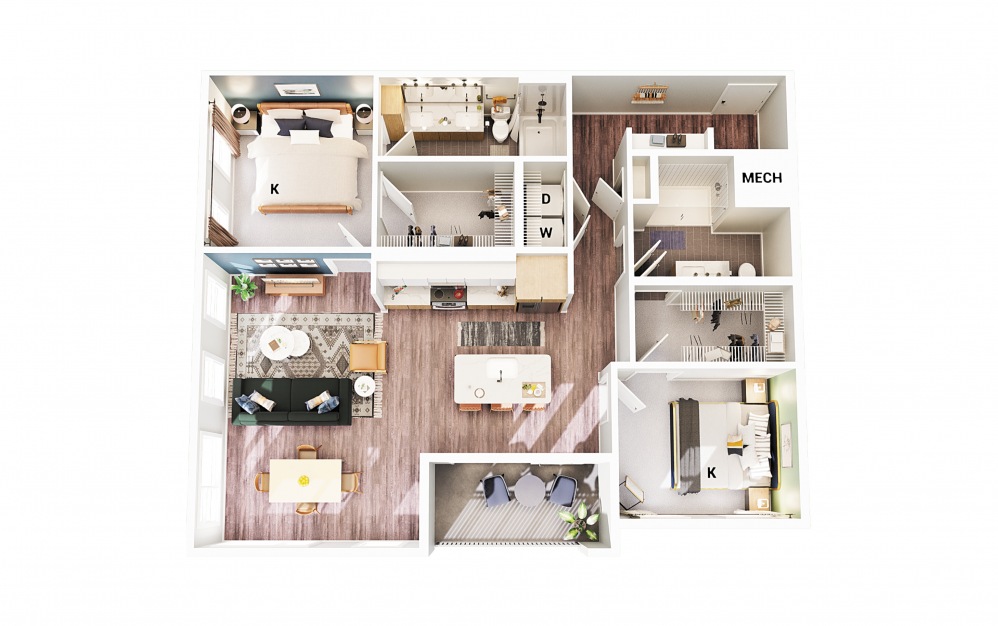 B1 - 2 bedroom floorplan layout with 2 baths and 1158 square feet. (Scheme 1)
