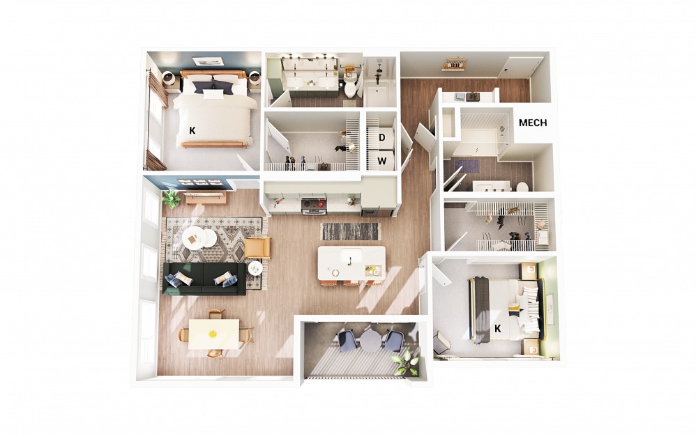 B1 - 2 bedroom floorplan layout with 2 baths and 1158 square feet. (Scheme 2)