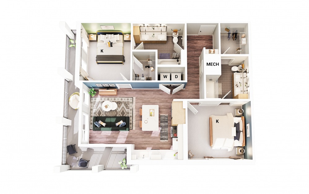 B2 - 2 bedroom floorplan layout with 2 baths and 1065 square feet. (Scheme 1)