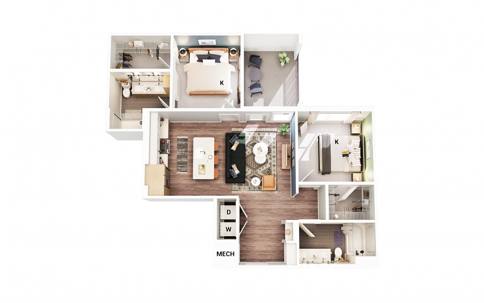 B3 - 2 bedroom floorplan layout with 2 baths and 1011 square feet. (Scheme 1)