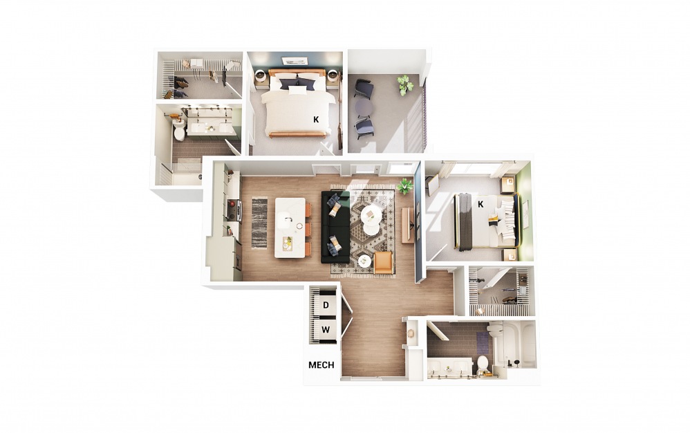 B3 - 2 bedroom floorplan layout with 2 baths and 1011 square feet. (Scheme 2)
