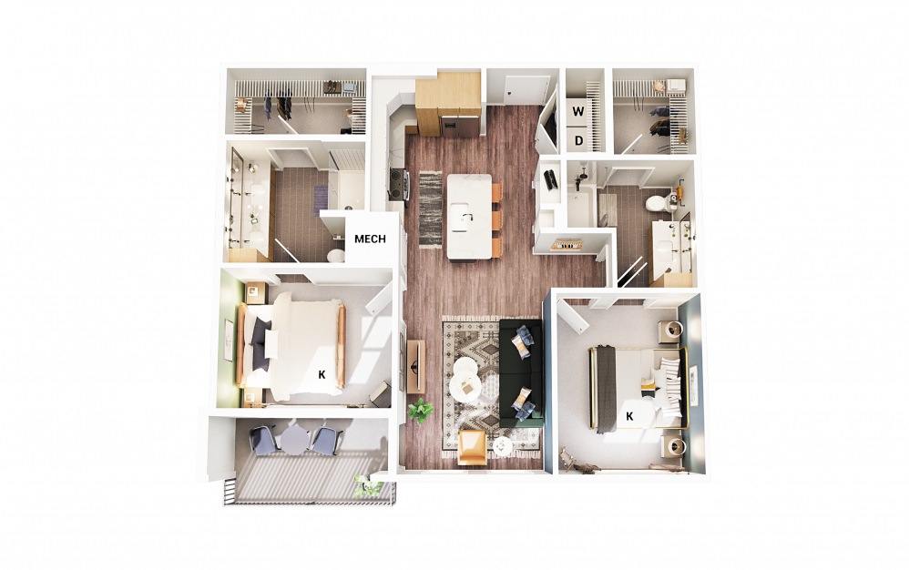 B4 - 2 bedroom floorplan layout with 2 baths and 989 square feet. (Scheme 1)