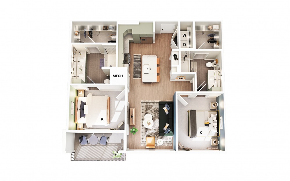B4 - 2 bedroom floorplan layout with 2 baths and 989 square feet. (Scheme 2)