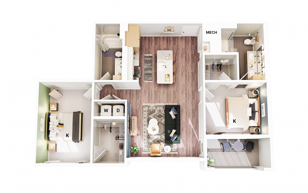 B5 - 2 bedroom floorplan layout with 2 baths and 1102 square feet. (Scheme 1)