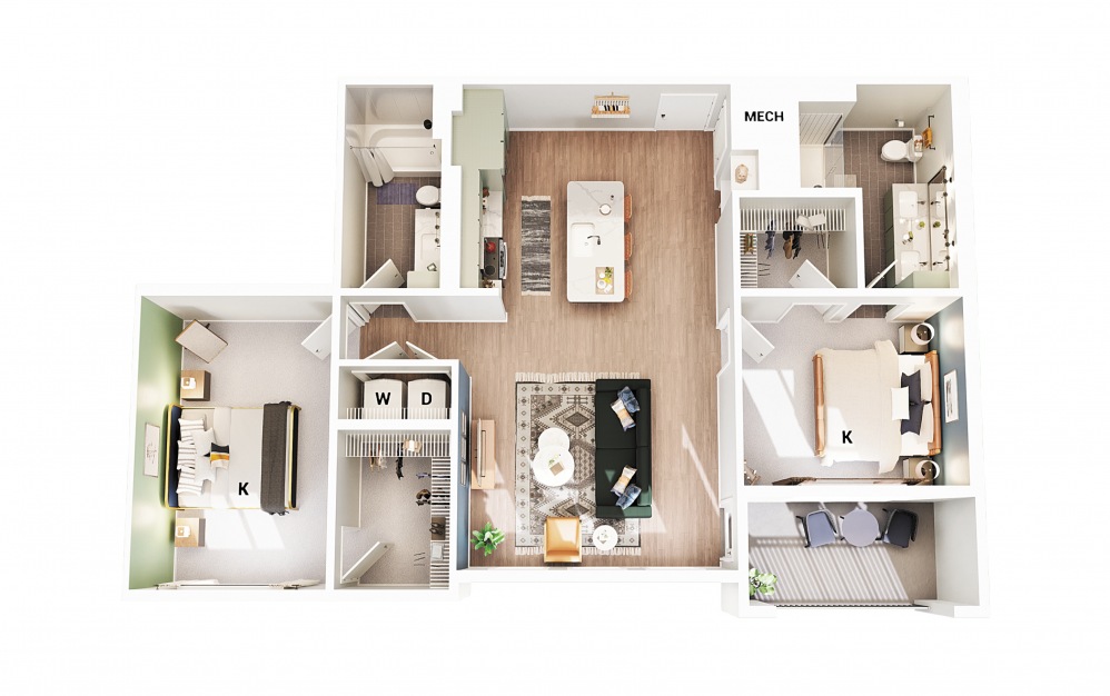 B5 - 2 bedroom floorplan layout with 2 baths and 1102 square feet. (Scheme 2)