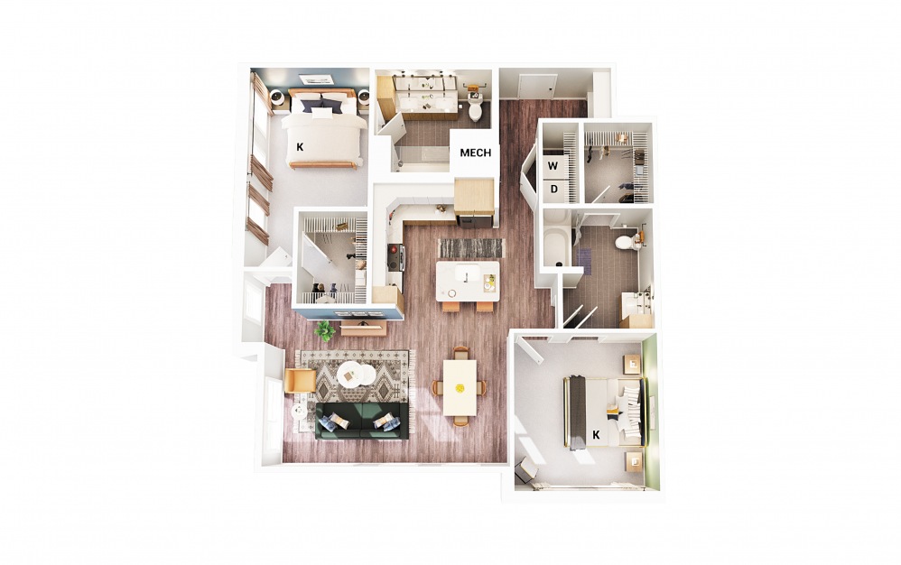 B6 - 2 bedroom floorplan layout with 2 baths and 1228 square feet. (Scheme 1)