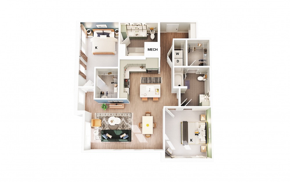 B6 - 2 bedroom floorplan layout with 2 baths and 1228 square feet. (Scheme 2)