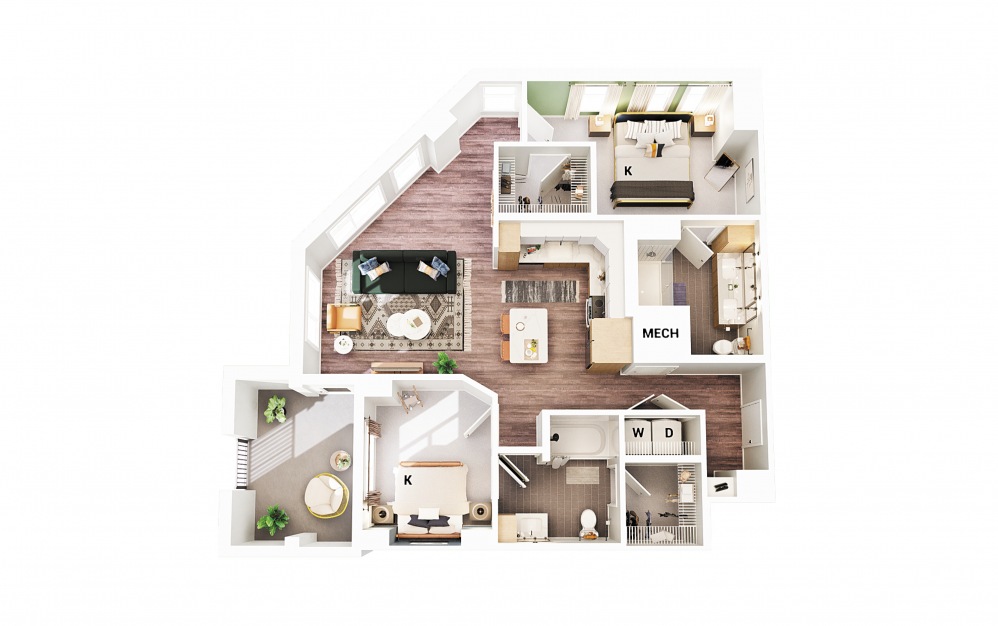 B7 - 2 bedroom floorplan layout with 2 baths and 1067 square feet. (Scheme 1)