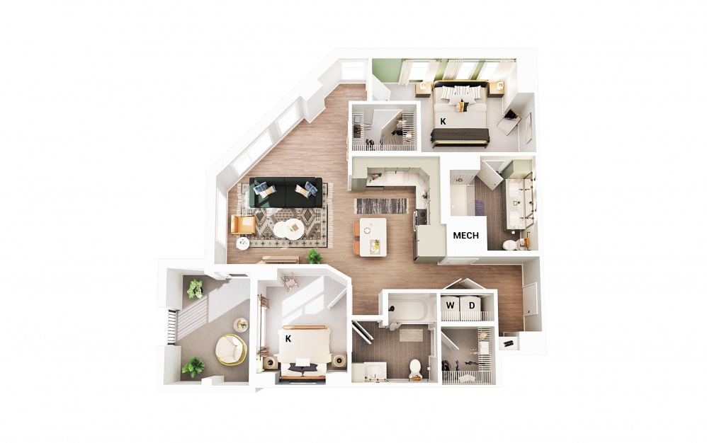 B7 - 2 bedroom floorplan layout with 2 baths and 1067 square feet. (Scheme 2)