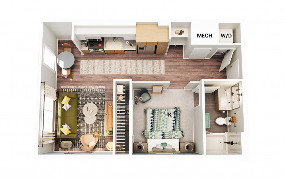 S1 - Studio floorplan layout with 1 bath and 600 square feet. (Scheme 1)