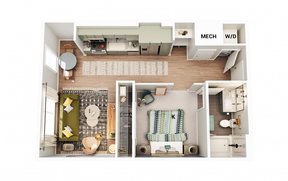 S1 - Studio floorplan layout with 1 bath and 600 square feet. (Scheme 2)