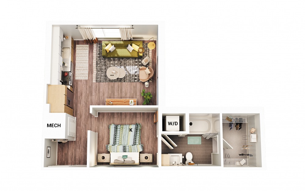 S3 - Studio floorplan layout with 1 bath and 644 square feet. (Scheme 1)