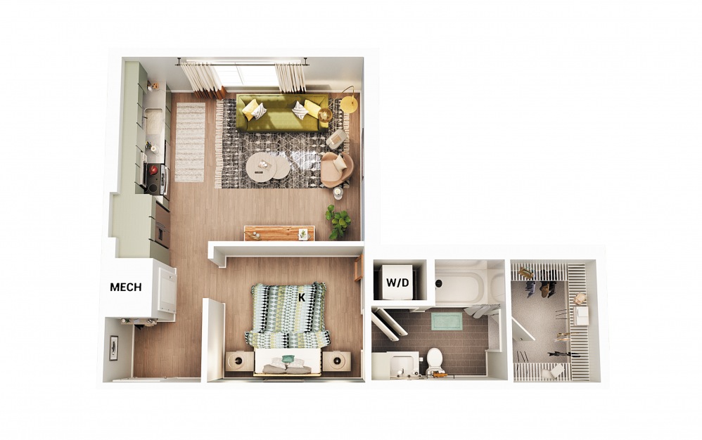 S3 - Studio floorplan layout with 1 bath and 644 square feet. (Scheme 2)