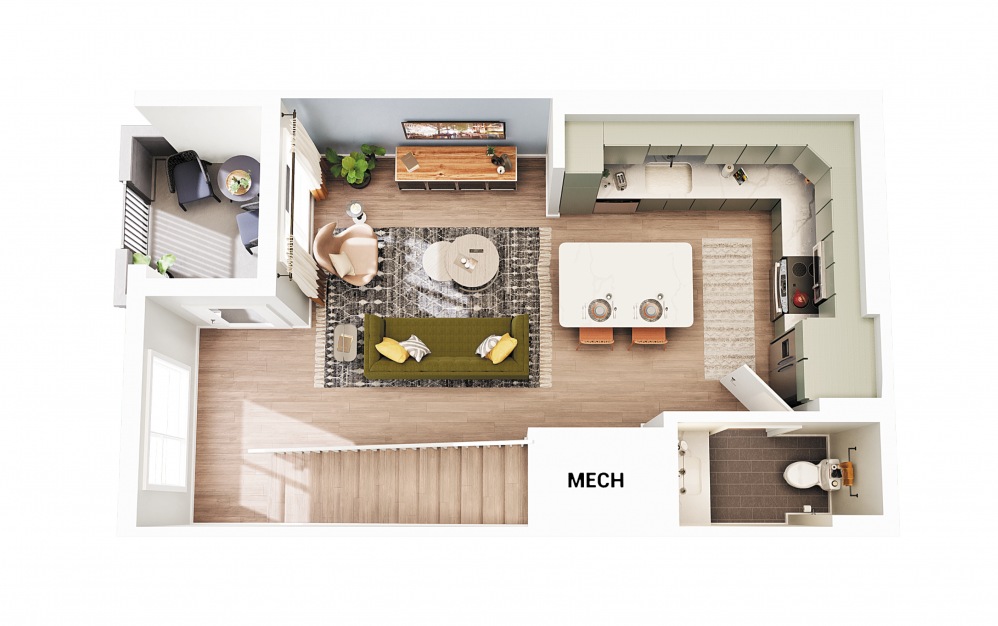 Townhouse A1 - 1 bedroom floorplan layout with 1.5 bath and 947 square feet. (Floor 2 - Scheme 1)