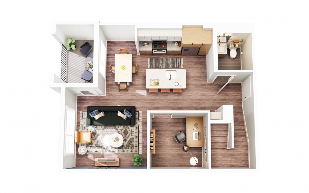 Townhouse B1 - 2 bedroom floorplan layout with 2.5 baths and 1236 square feet. (Floor 1 - Scheme 1)
