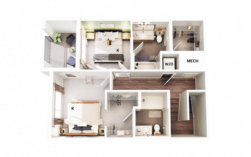 Townhouse B1 - 2 bedroom floorplan layout with 2.5 baths and 1236 square feet. (Floor 1 - Scheme 2)