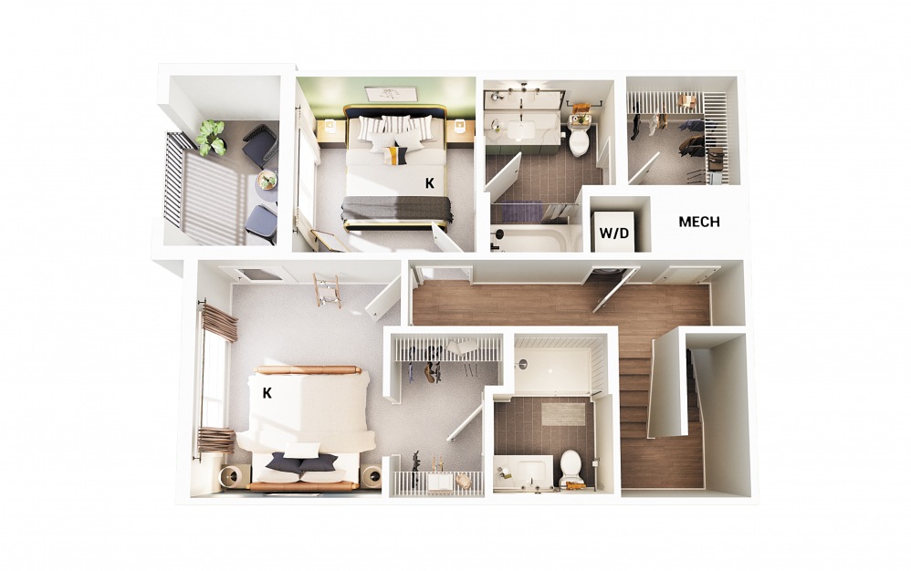 Townhouse B1 - 2 bedroom floorplan layout with 2.5 baths and 1236 square feet. (Floor 2 - Scheme 2)