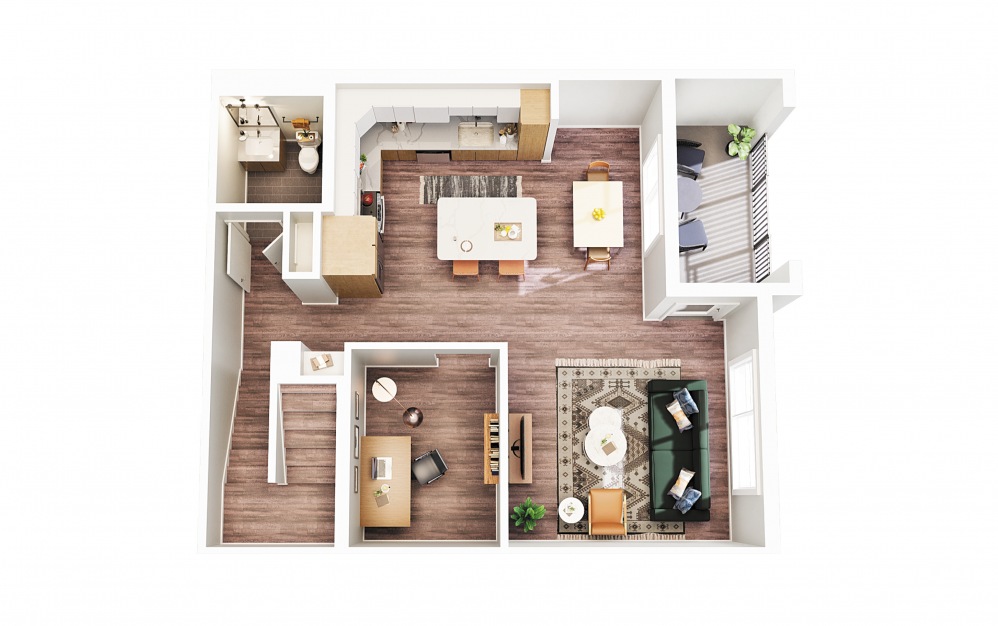 Townhouse B2 - 2 bedroom floorplan layout with 2.5 baths and 1368 square feet. (Floor 1 - Scheme 1)