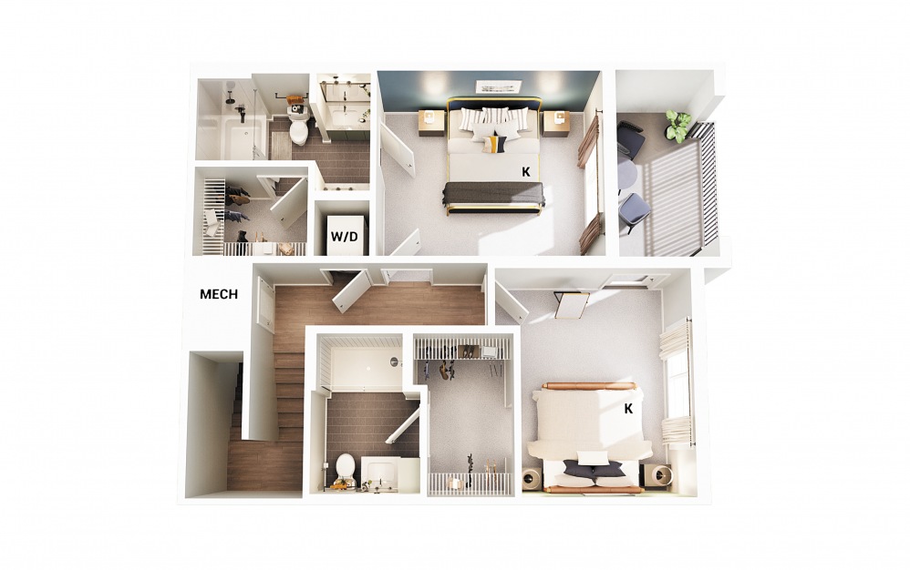Townhouse B2 - 2 bedroom floorplan layout with 2.5 baths and 1368 square feet. (Floor 2 - Scheme 2)